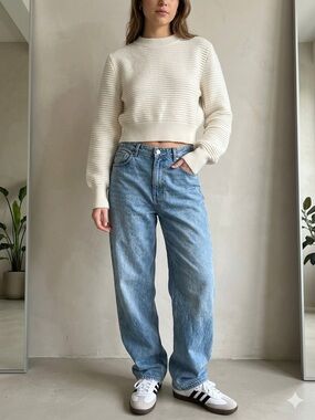 Cropped Cream Ribbed Crewneck Sweater
